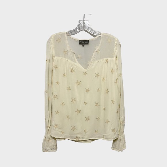 Michael Stars Medium Cream Gold Metallic Star Printed Long Sleeve Blouse - Picture 2 of 6